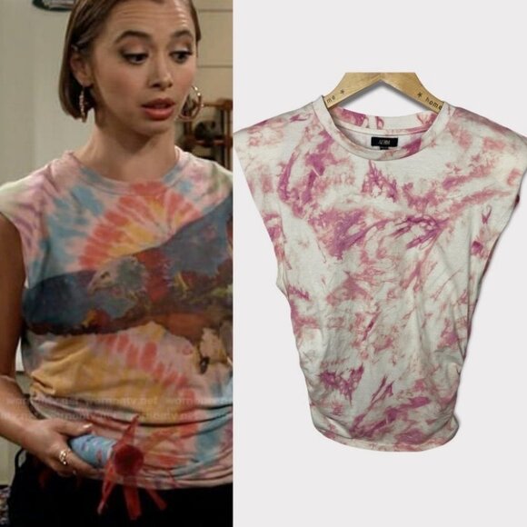 NEW Nordstrom AFRM Tie Dye Shoulder Pad Ruched Muscle Tee Size XS Boho Retro Top - Picture 1 of 14